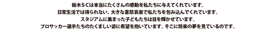 栃木SCは本当にたくさんの感動を私たちに与えてくれています。日常生活では得られない、大きな喜怒哀楽で私たちを包み込んでくれています。スタジアムに集まった子どもたちは目を輝かせています。プロサッカー選手たちのたくましい姿に希望を抱いています。そこに将来の夢を見ているのです。